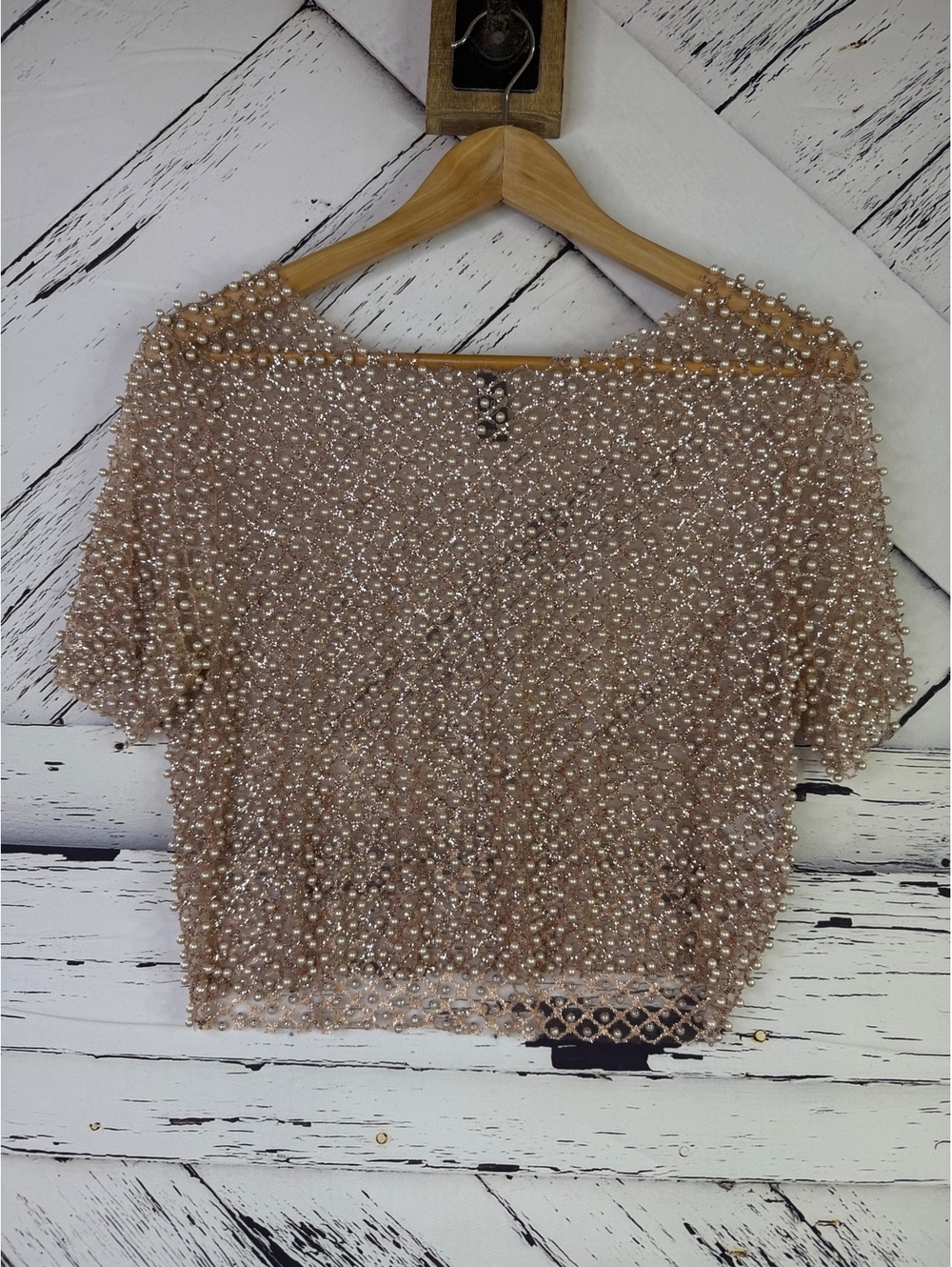 Windsor Sparkly Dreams Sheer Pearl Mesh Rose Gold Festival Crop Top Women Large